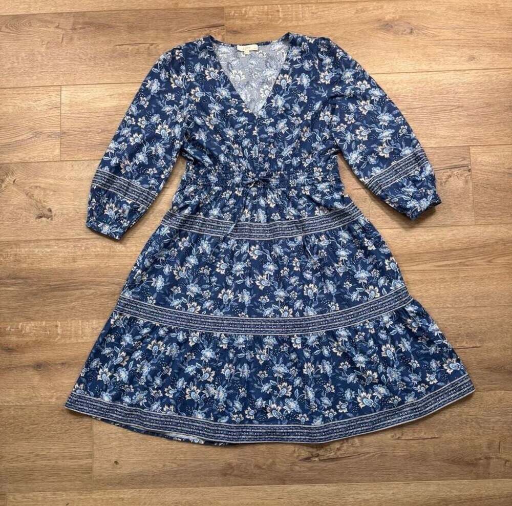 LOFT Petites Blue Floral Tiered Dress V Neck Long Sleeve Size XLP Boho - Picture 2 of 13